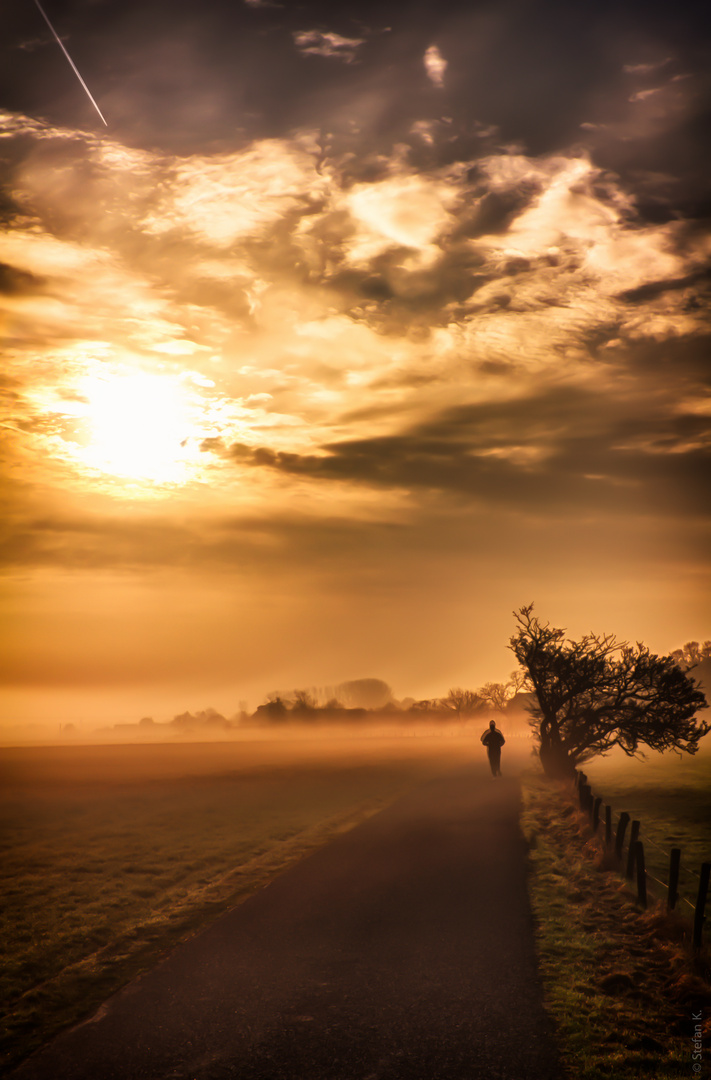 Jogging in der Morgendämmerung bei Nebel