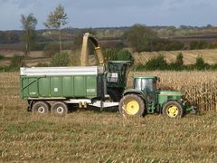 John Deere 6800 mit Fliegl Ladewagen im Maiseinsatz