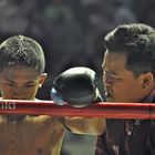Junger Thai Boxer in der Ringpause seines Kampfes in Bangkok