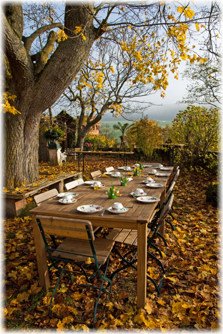 Kaffeetafel auf der herbstlichen Gartenterasse der Burg Gamburg