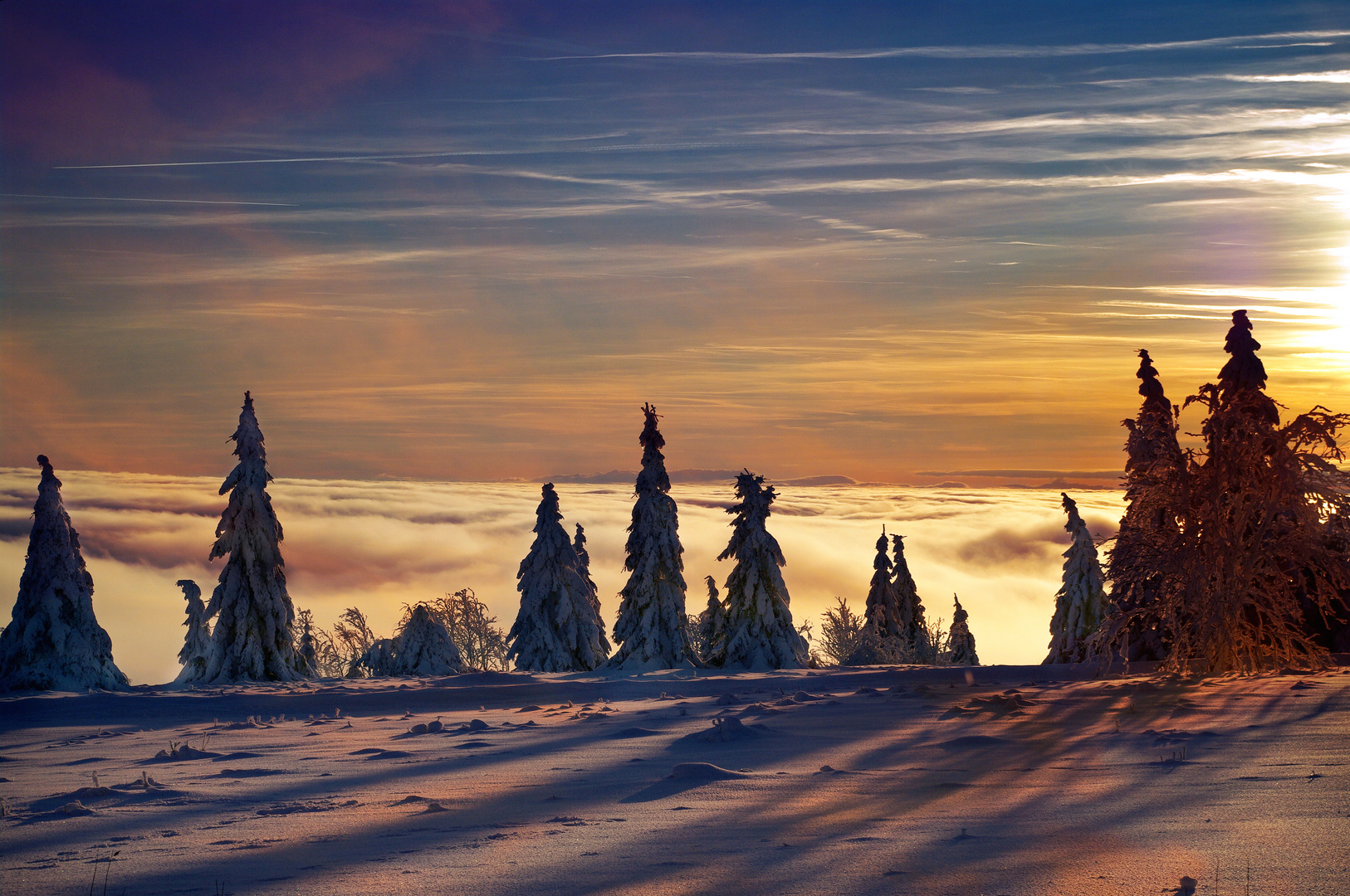 Kahler Asten, Winterabend in der Hochheide. 