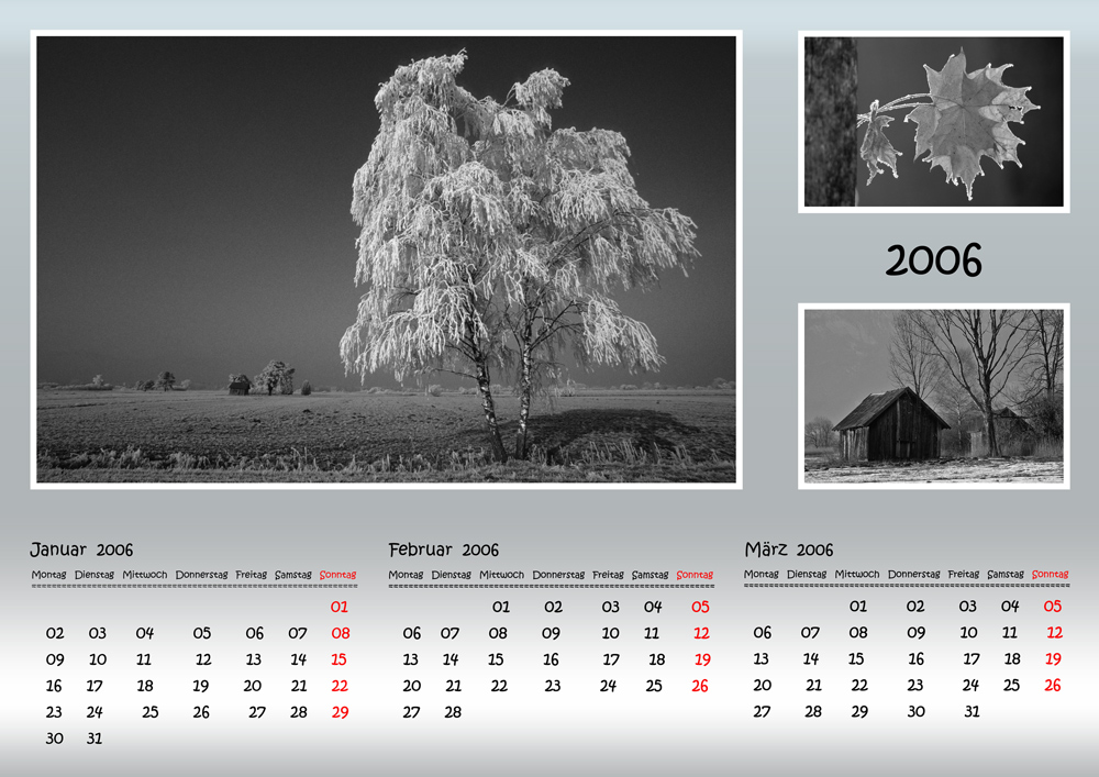Kalender in Schwarz-Weiss, Quartal 1