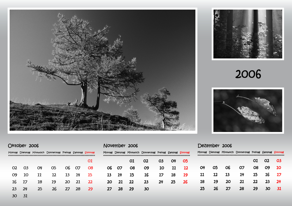 Kalender in Schwarz-Weiss, Quartal 4