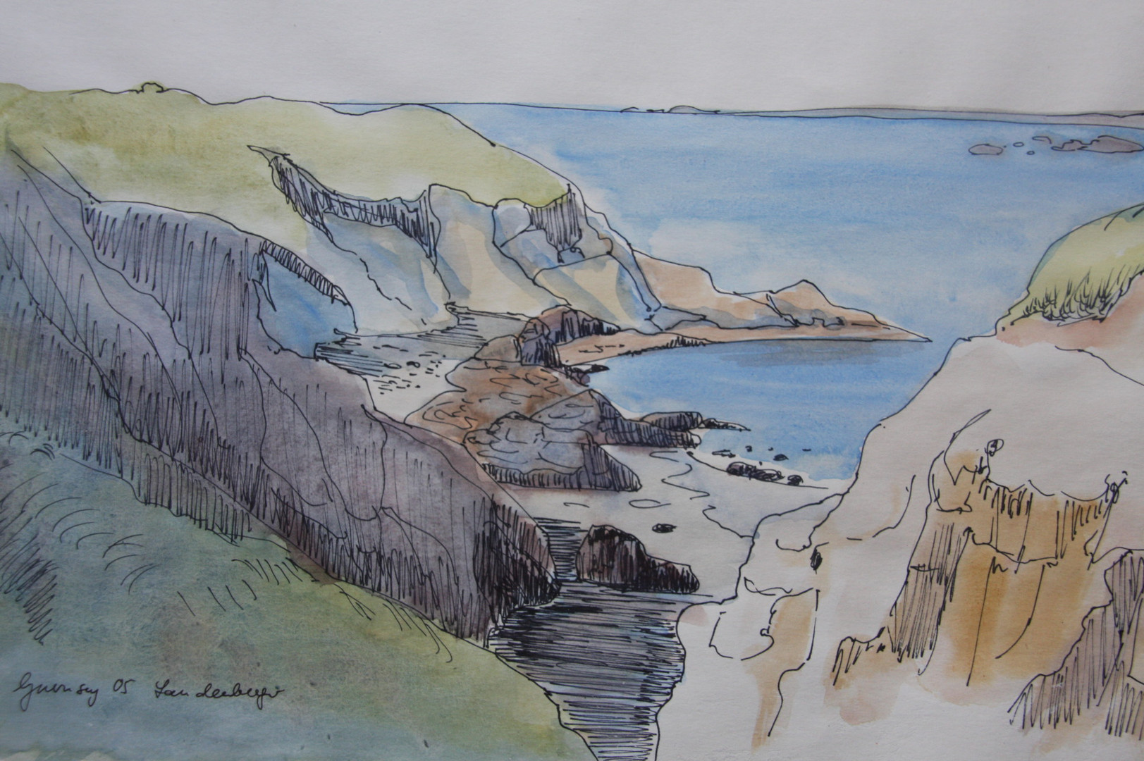 Kanalinsel Guernsey, aquarellierte Federzeichnung, 38x25 cm