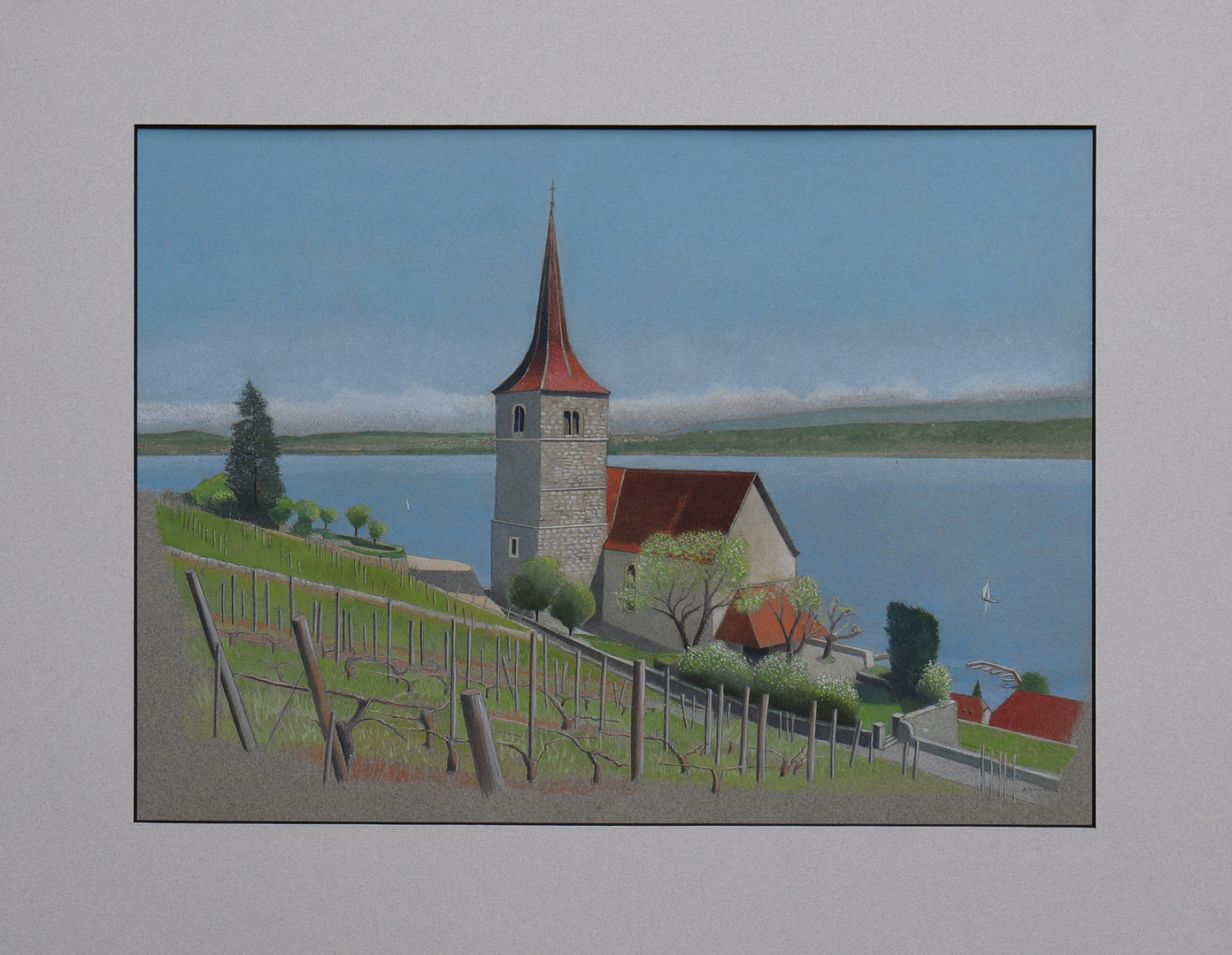 Kapelle in Ligerz Kreide auf Gouache