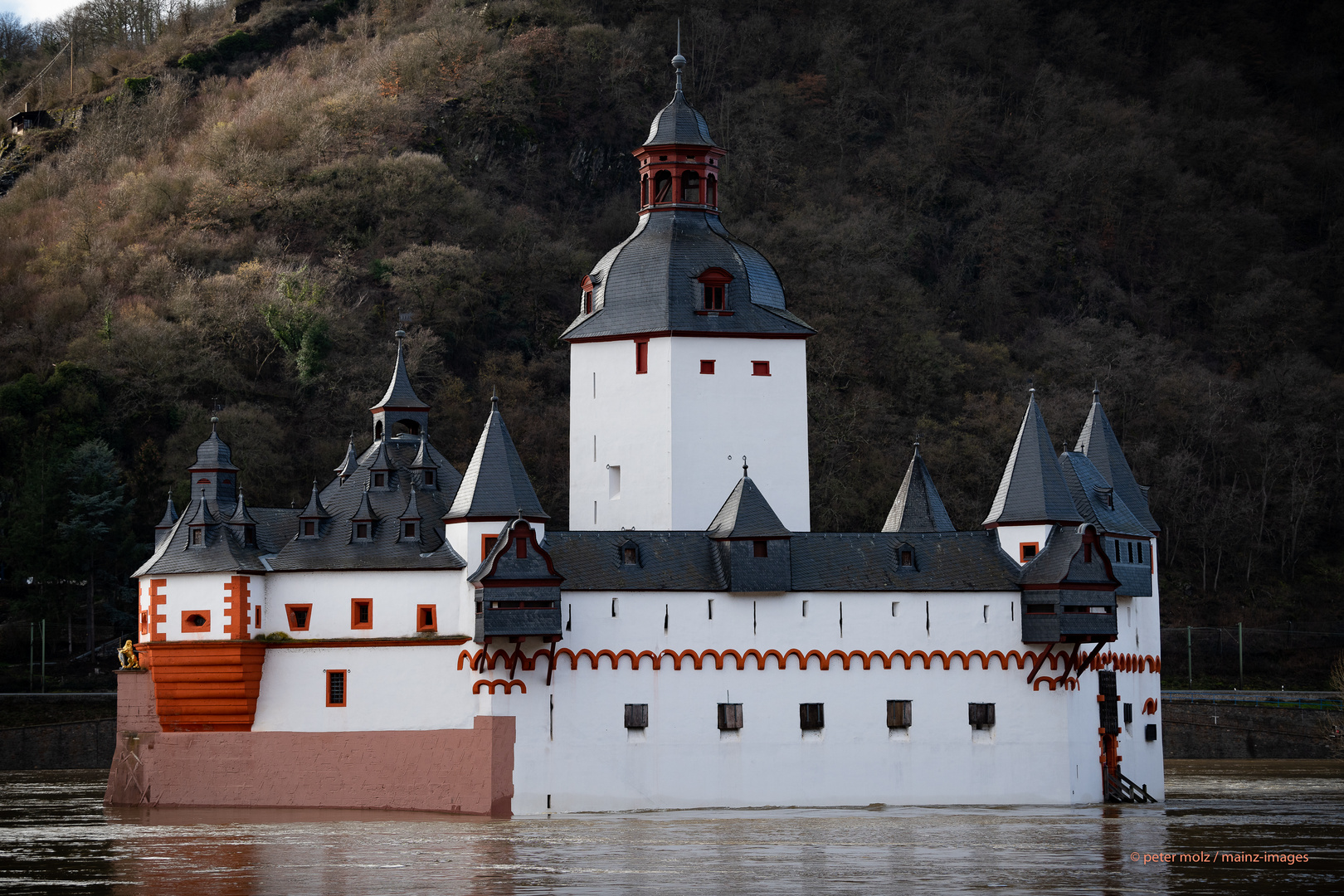 Kaub im Mittelrheintal - Die Burg Pfalzgrafenstein beim Bad im Hochwasser