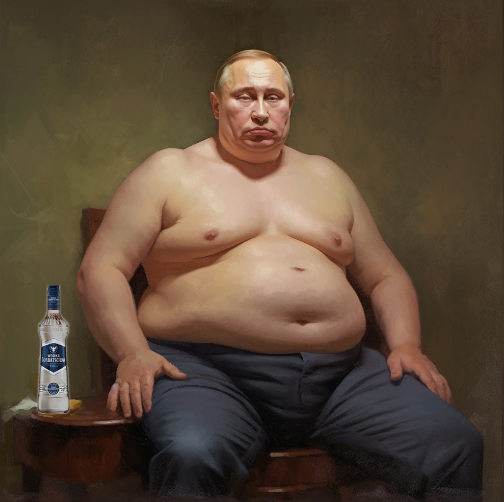 KI-Bild 2. Versuch: Wladimirowitsch Putinski mit Wodka Gorbatschow