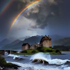 KI - Eilean Donan Castle bei Sturm und Regenbogen