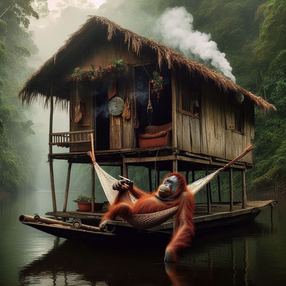 KI Onkel Utan auf seinem Hausboot im Regenwald