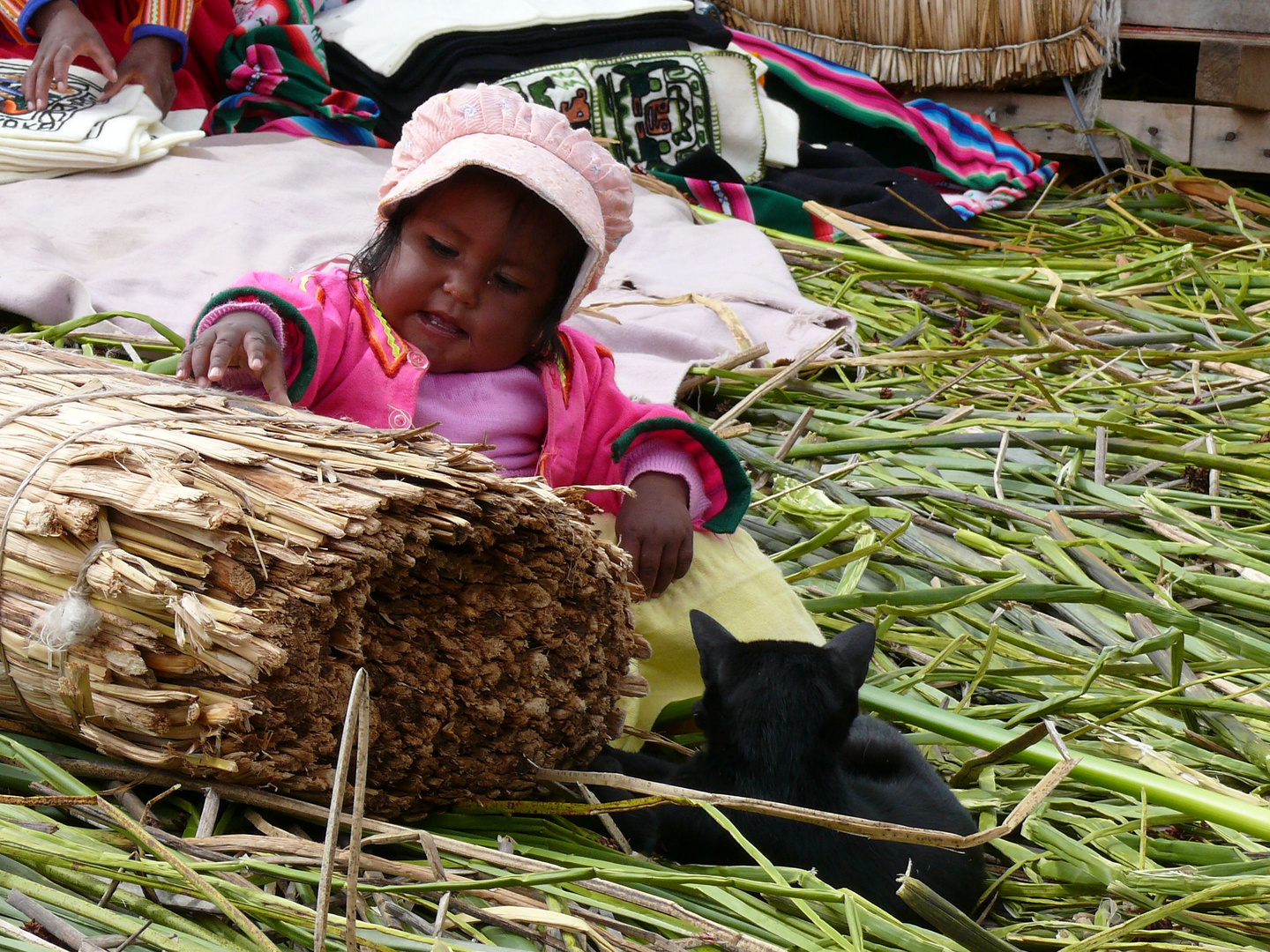 Kind und Katze auf den schwimmenden Inseln im Titicaca -See / Uros