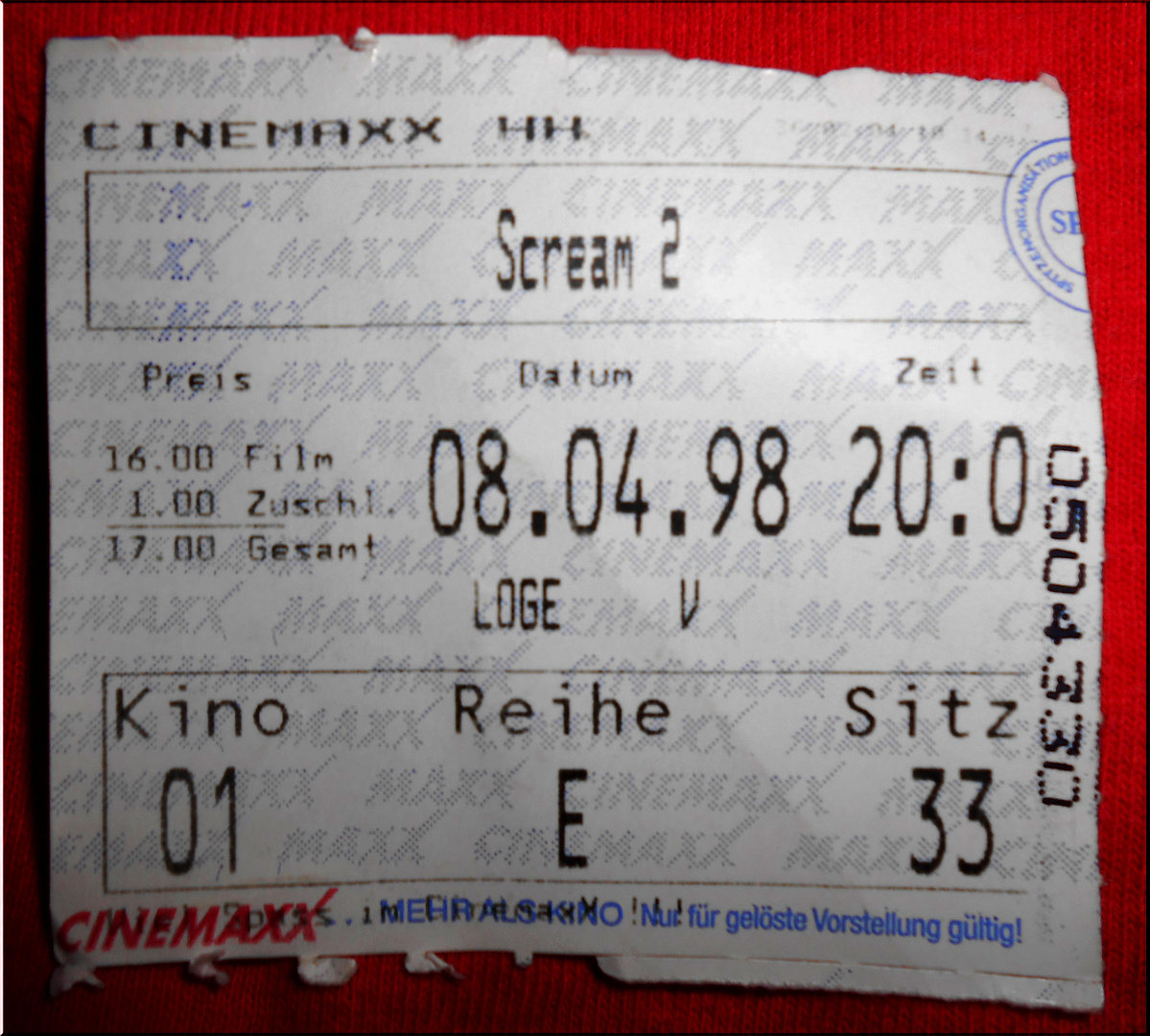 Kino Karte - Deutschlandpremiere von Scream 2 im Hamburger Cinemaxx