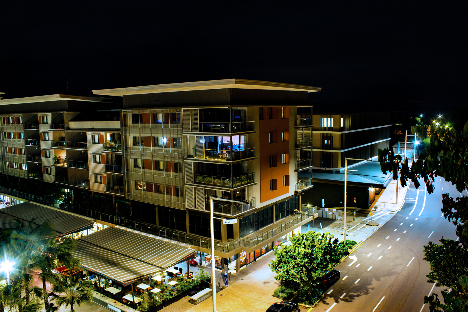 Kitchener Drive and Wharf One at night