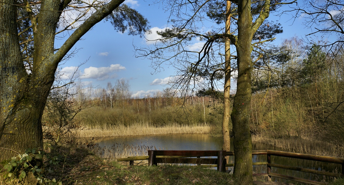 Kleiner abgeschiedener See mit Bank