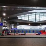 Kleiner Zug in großem Bahnhof