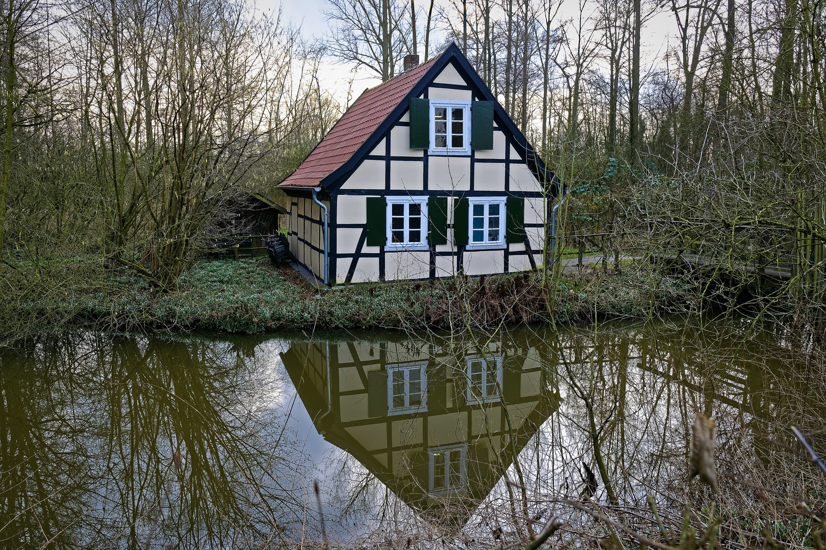 Kleines Haus mit Schneeglöckchen