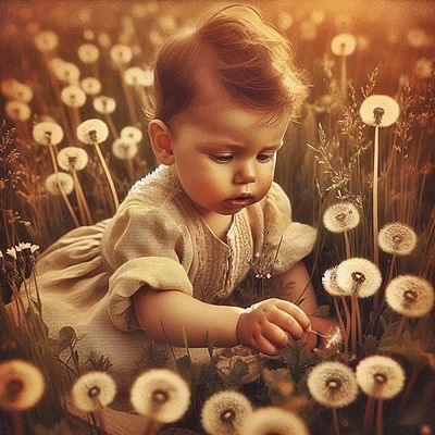 Kleinkind spielt mit Löwenzahn  -  small child playing with dandelions    KI