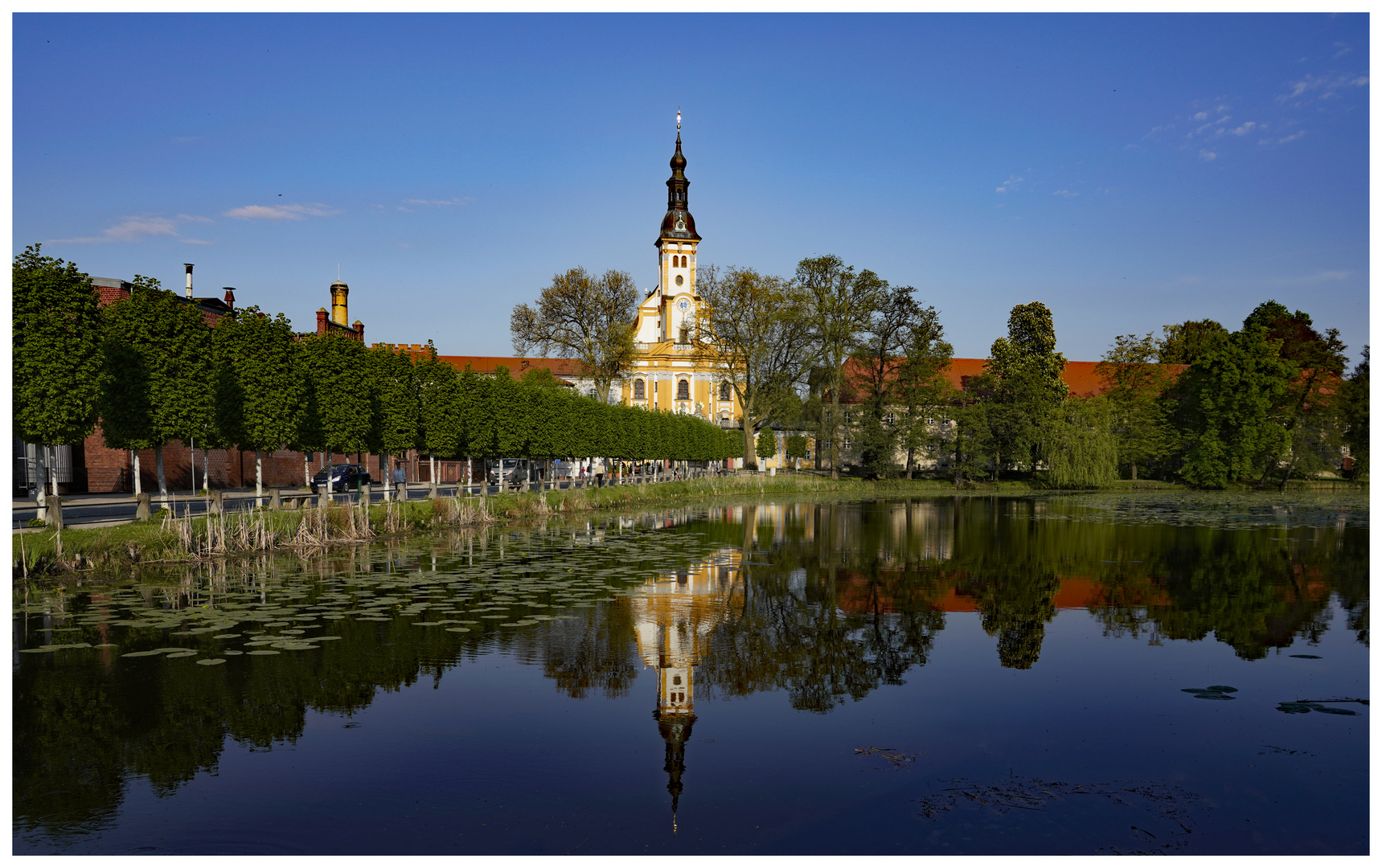 Klosterkirche St. Mariä Himmelfahrt in Neuzelle mit vorgelagertem Klosterteich 