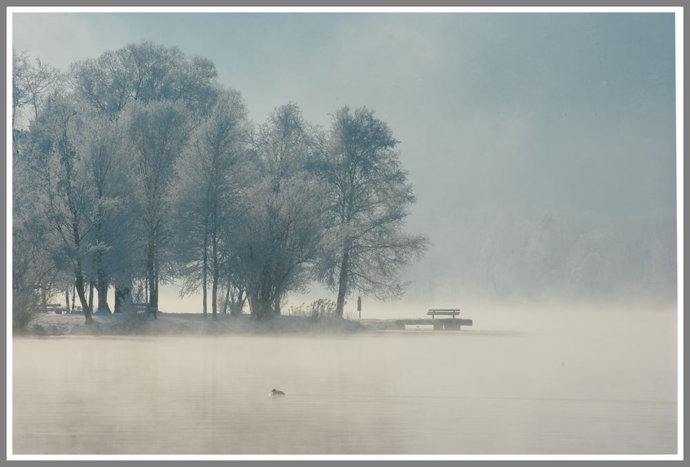 Kochelsee, Ruhebank im Nebel