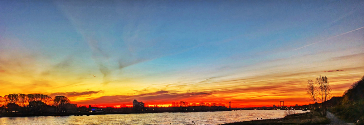 Köln, Sonnenaufgang am Rhein, im Hintergrund die Rodenkirchener Brücke