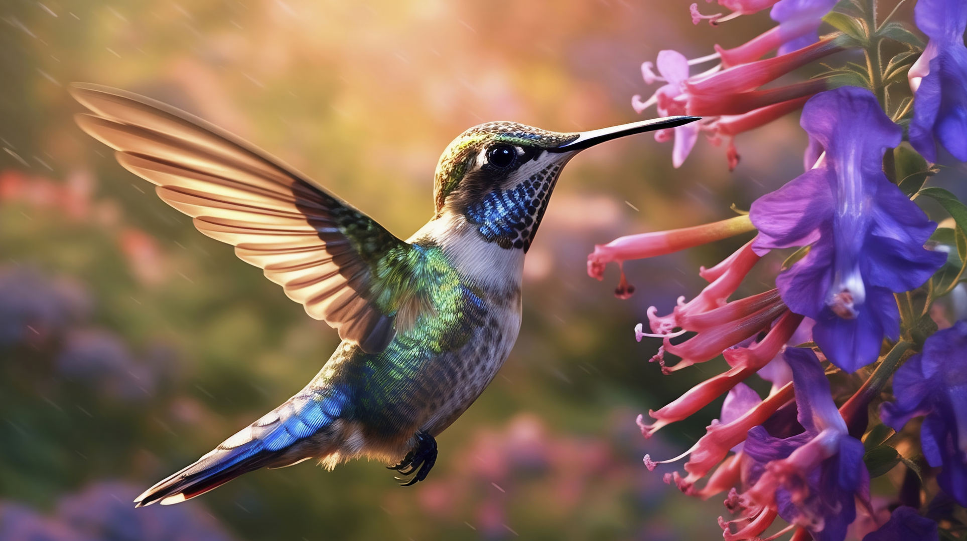 Kolibri in der Abendsonne beim Sammeln von Necktar