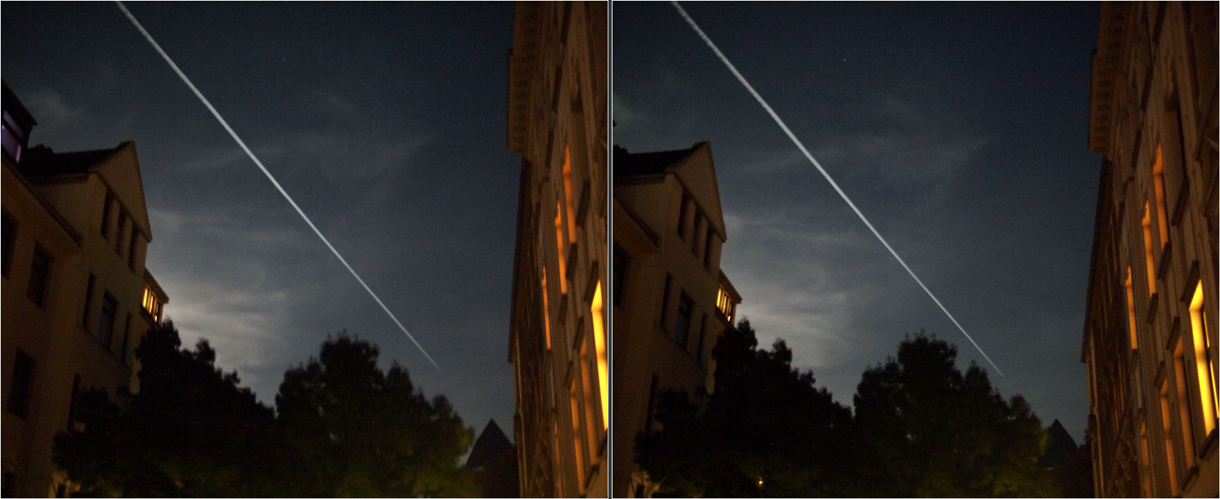 Kondensstreifen bei Vollmond in Düsseldorf