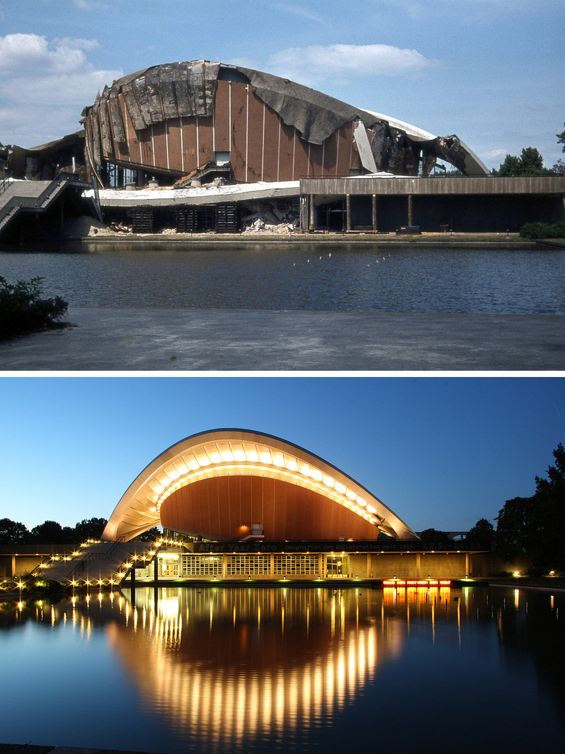 Kongresshalle heute und beim Einsturz.