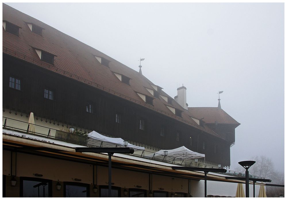 Konzilgebäude in Konstanz im Winternebel