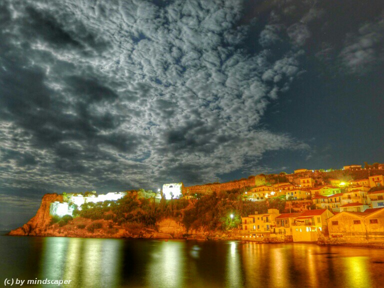 koroni kastro at cloudy moon night