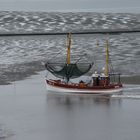 Krabbenkutter beim Einlaufen in den Hafen Dorum an der Nordsee