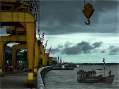 Krähne am alten Hafen von Belem