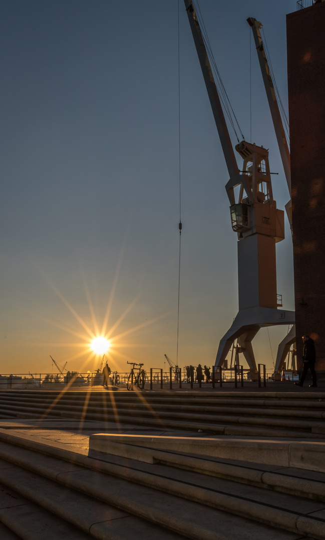 Kräne der Elbphilharmonie bei Sonnenuntergang