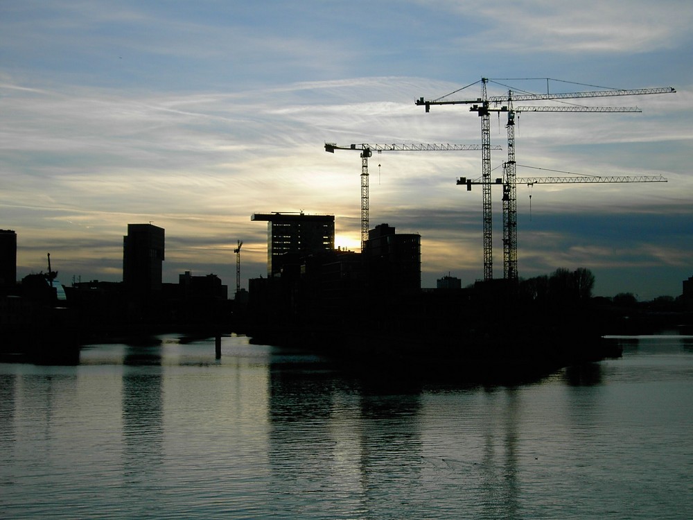 Kräne in der Abenddämmerung