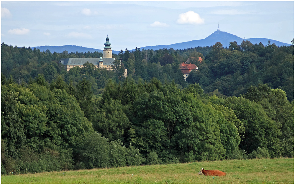 - Kuh, Schloß Lemberk und Jeschken -