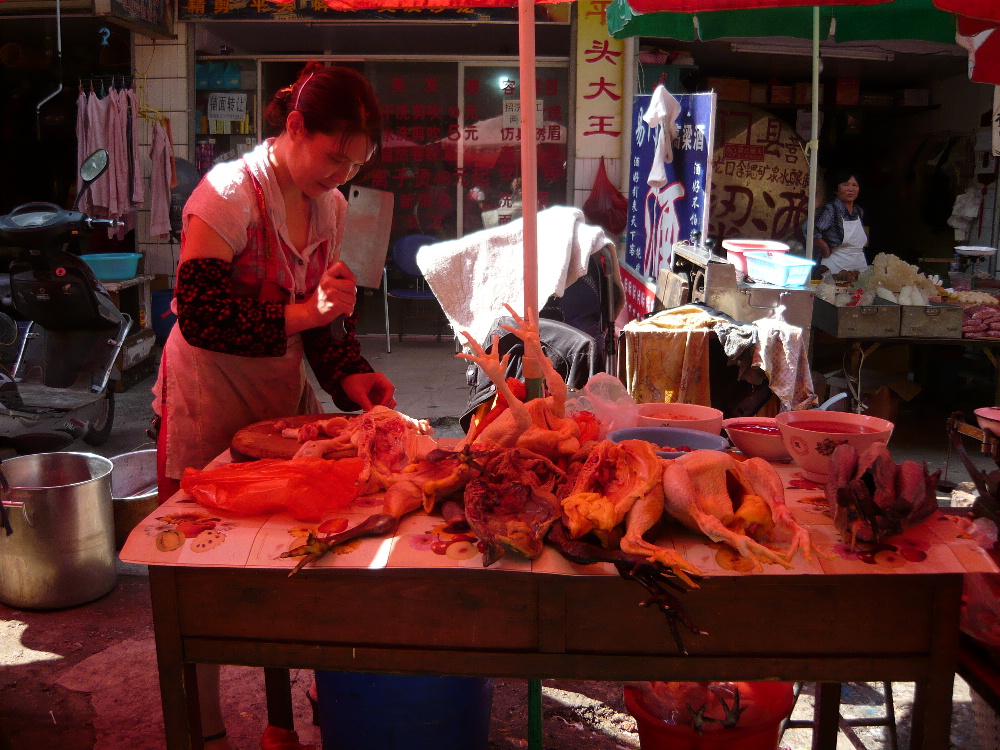 Kunminger Gefluegel-Haendlerin haut Huhn kurz und klein