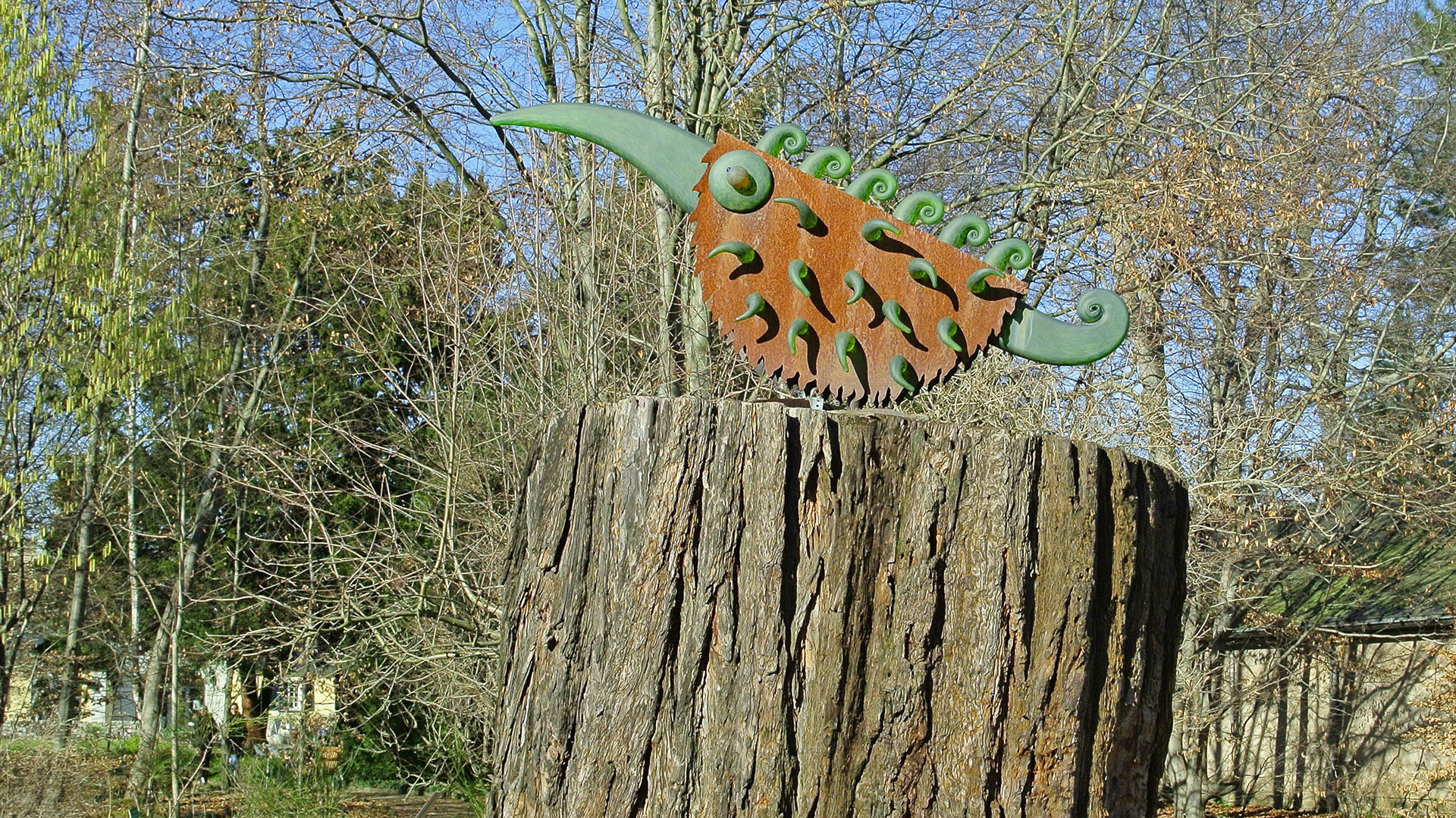 Kunstobjekt auf Baumstamm im botanischen Garten der Uni Bonn