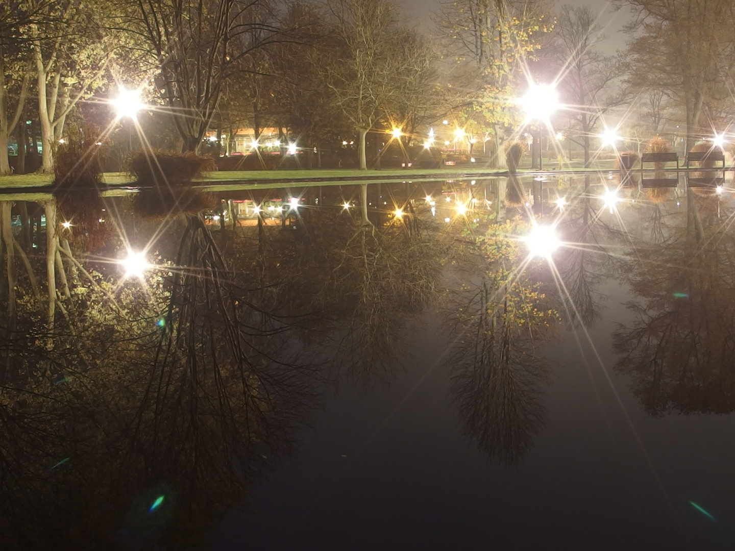 Kurpark in der Morgendämmerung mit Spiegelung im Teich