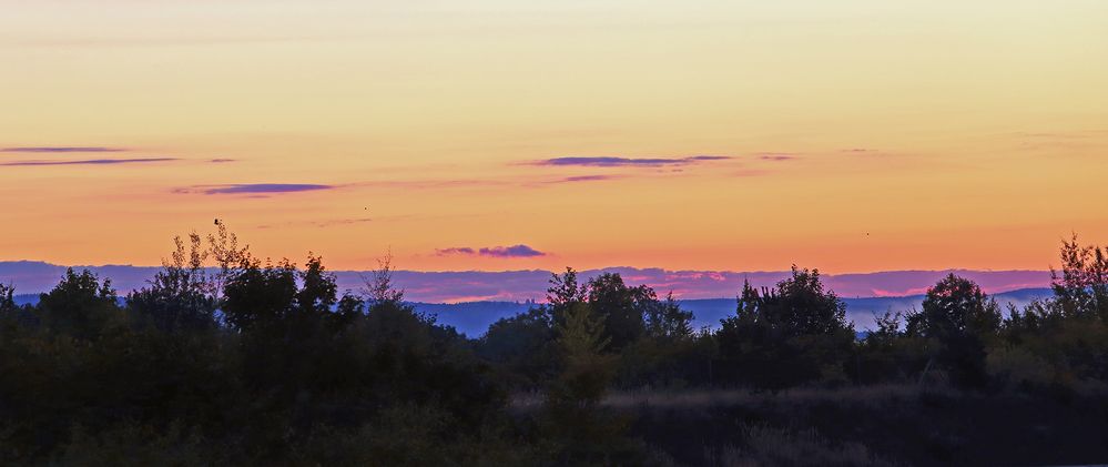 Kurz vor Sonnenaufgang sind die Wolken über dem Elbenebel schon rot gefärbt...