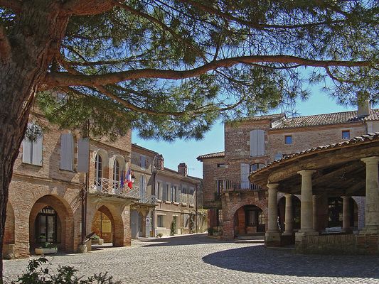 La Halle circulaire et la Mairie  --  Auvillar  --  Die Kreisförmige Markthalle und das Rathaus.