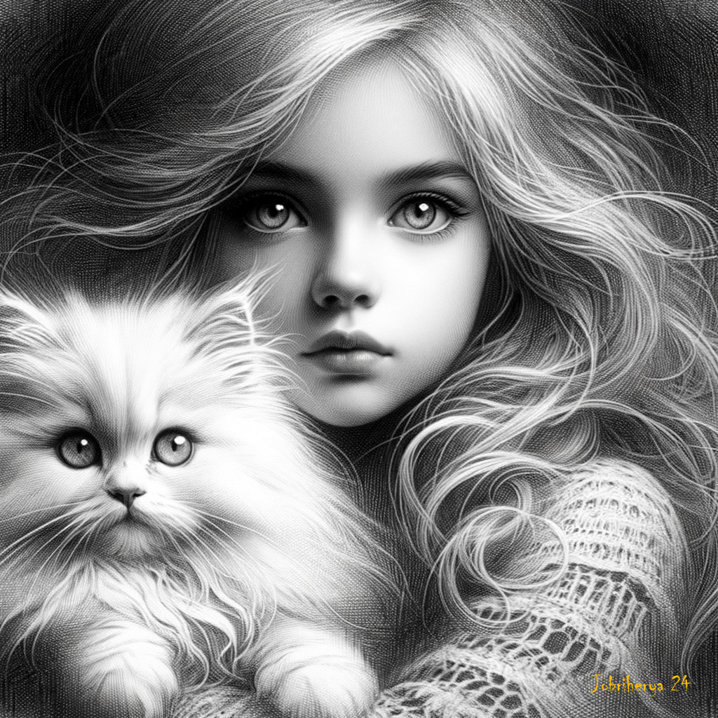 la petite fille et son  chat