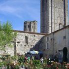 La Romieu (Gers) – Une autre vue du marché aux roses devant la collégiale