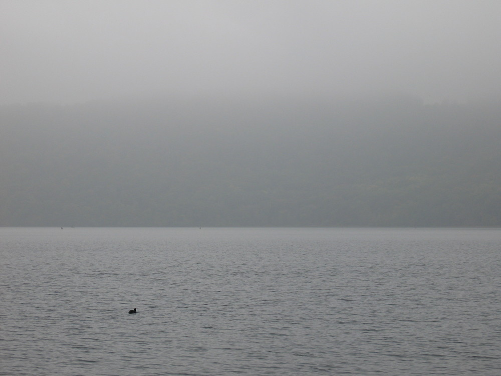 Laacher See im Herbstnebel gezoomt