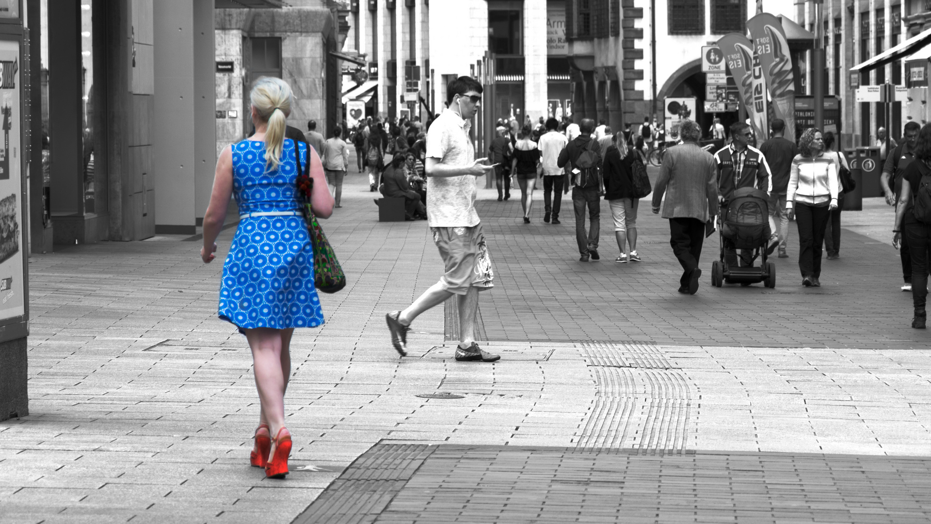 Lady in blue with red shoe