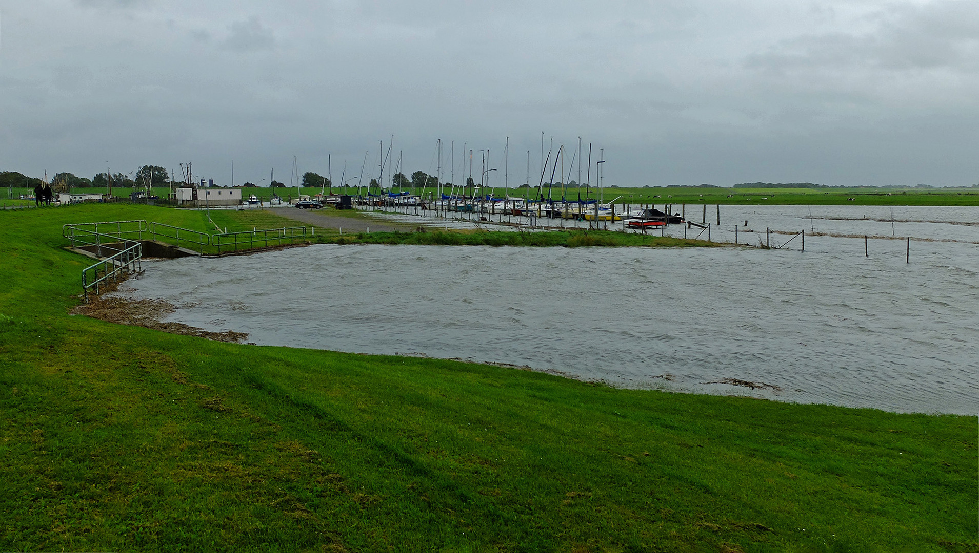 Land unter im kleinen Prielhafen von Spieka-Neufeld am 23.09.21 während des Nachmittag-Hochwassers.