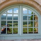 Landschaft im Fensterspiegel