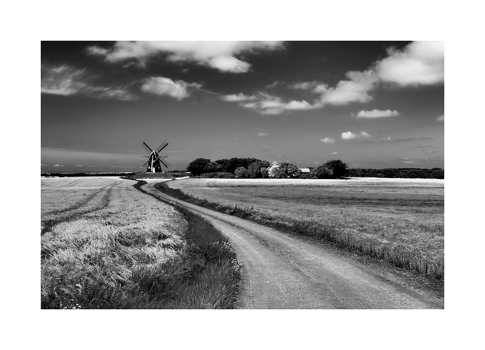 Landschaft mit Weg und Mühle