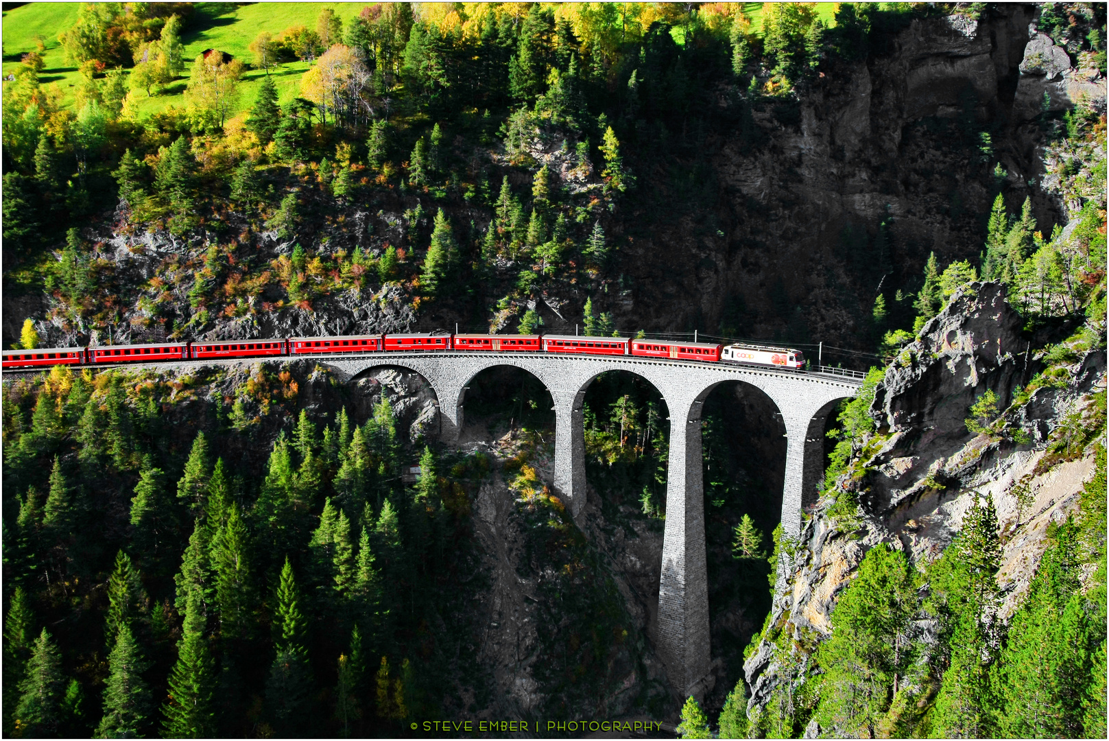 Landwasser Viadukt in Autumn with Rhaetian Railway Train