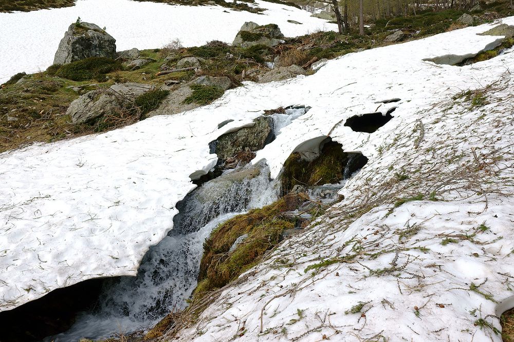 Lawinenschnee und Bach