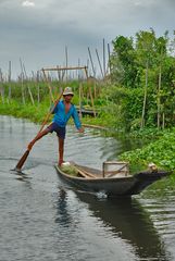 Leg-rowing Intha man in Nge Hpe Chaung at the Inle lake