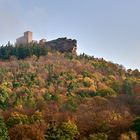 Leichter Hochnebel umgibt die Burg Trifels, sie wirkt wie ein großes Schiff aus der Perspektive.