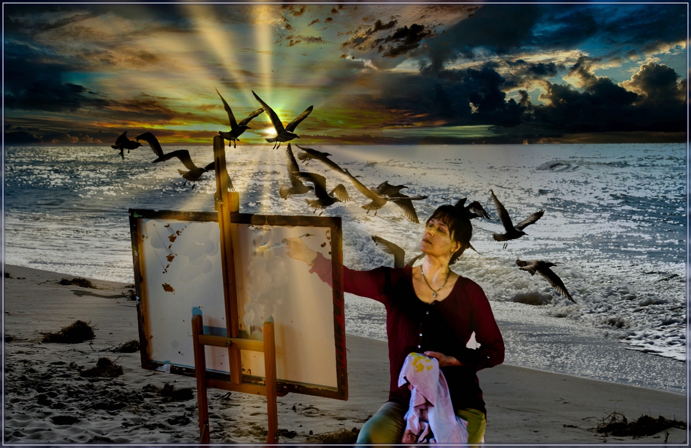 Leonne malt am Strand von Luminar